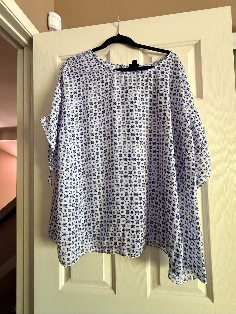 Lightweight White Blouse with Blue Geometric Print